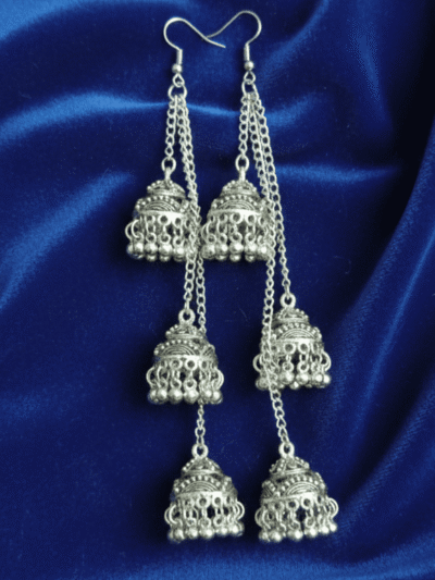 Ethnic Silver-Tone Long Tassel Jhumkas